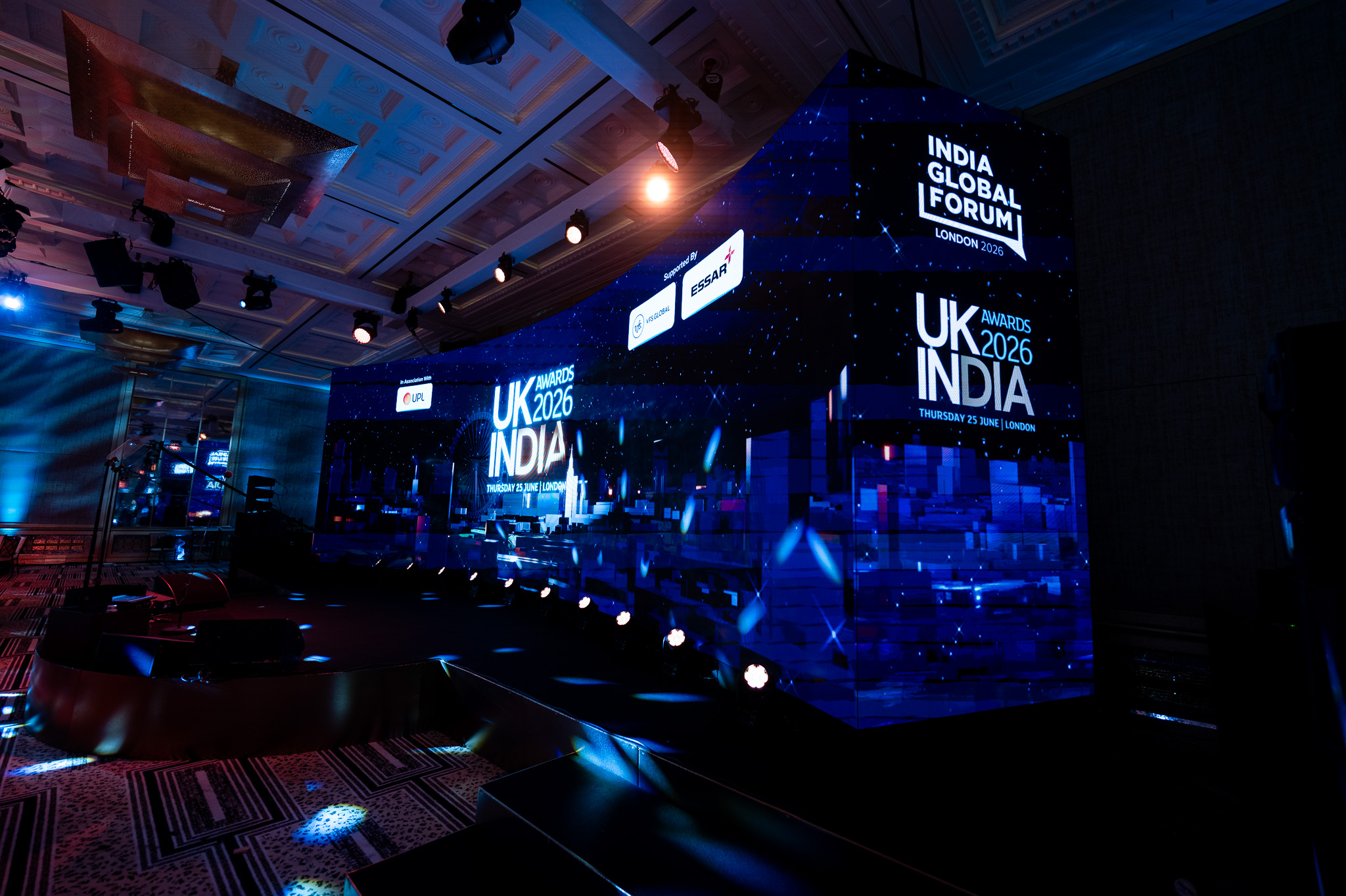 UK-India Awards 2026 at The Peninsula London — the LED totem and stage branding, by Kudos AV