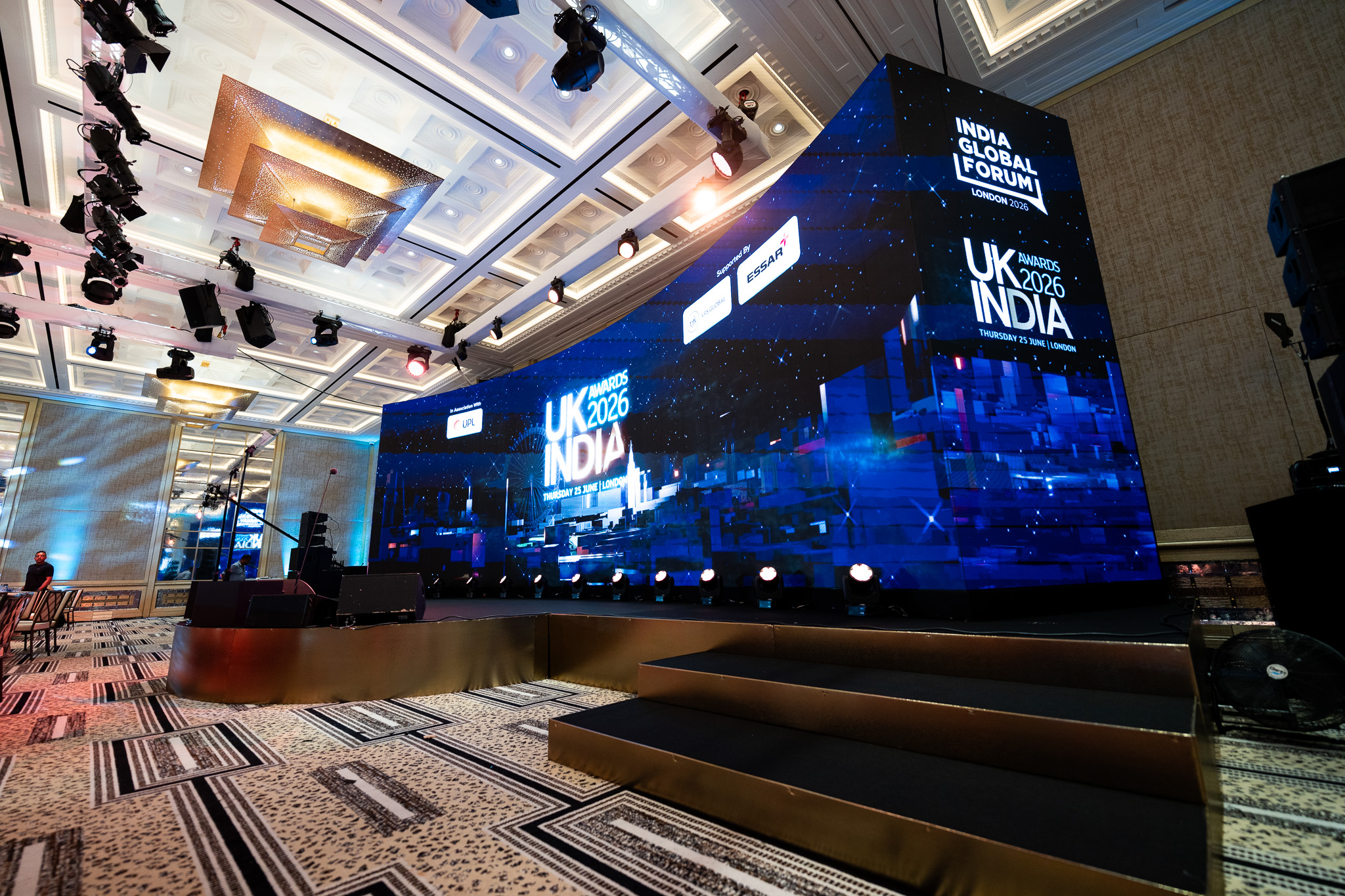 UK-India Awards 2026 at The Peninsula London — the curved LED and the ballroom ceiling, by Kudos AV