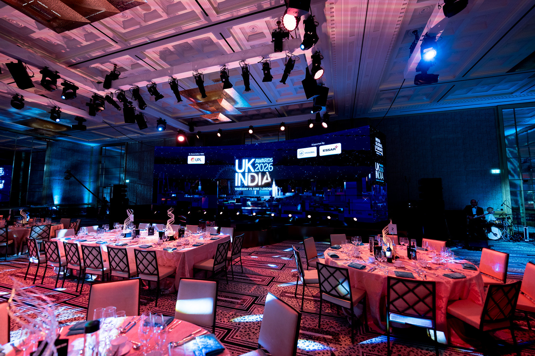 UK-India Awards 2026 at The Peninsula London — the ballroom set for the awards, tables and LED stage, by Kudos AV