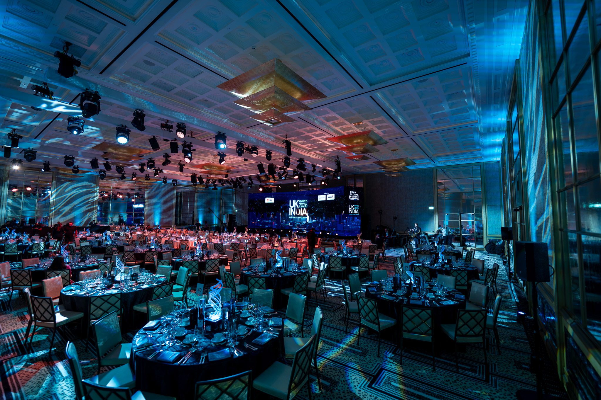 UK-India Awards 2026 at The Peninsula London — the room lit for the awards dinner, by Kudos AV