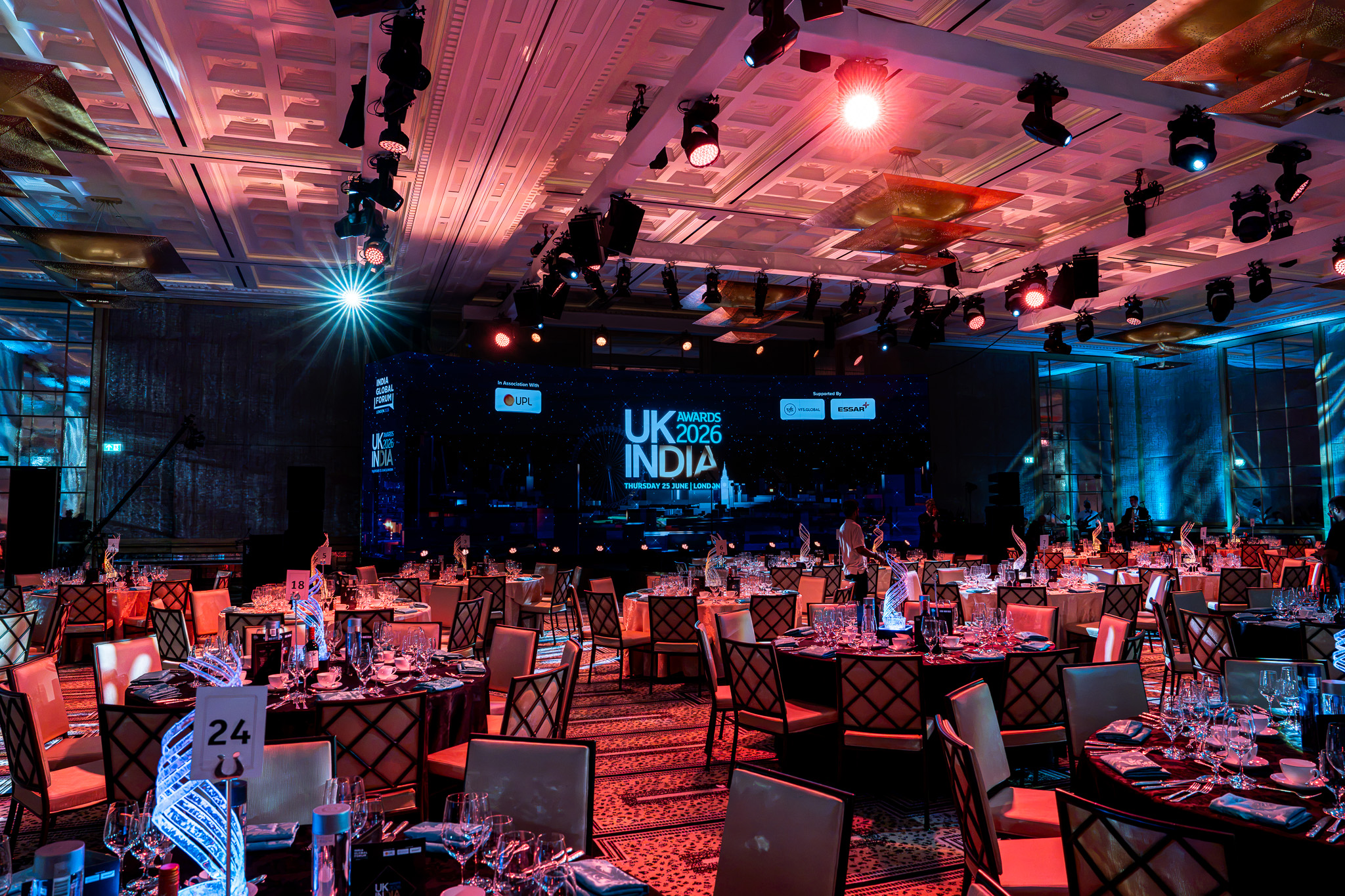 UK-India Awards 2026 at The Peninsula London — guest tables and stage under warm lighting, by Kudos AV