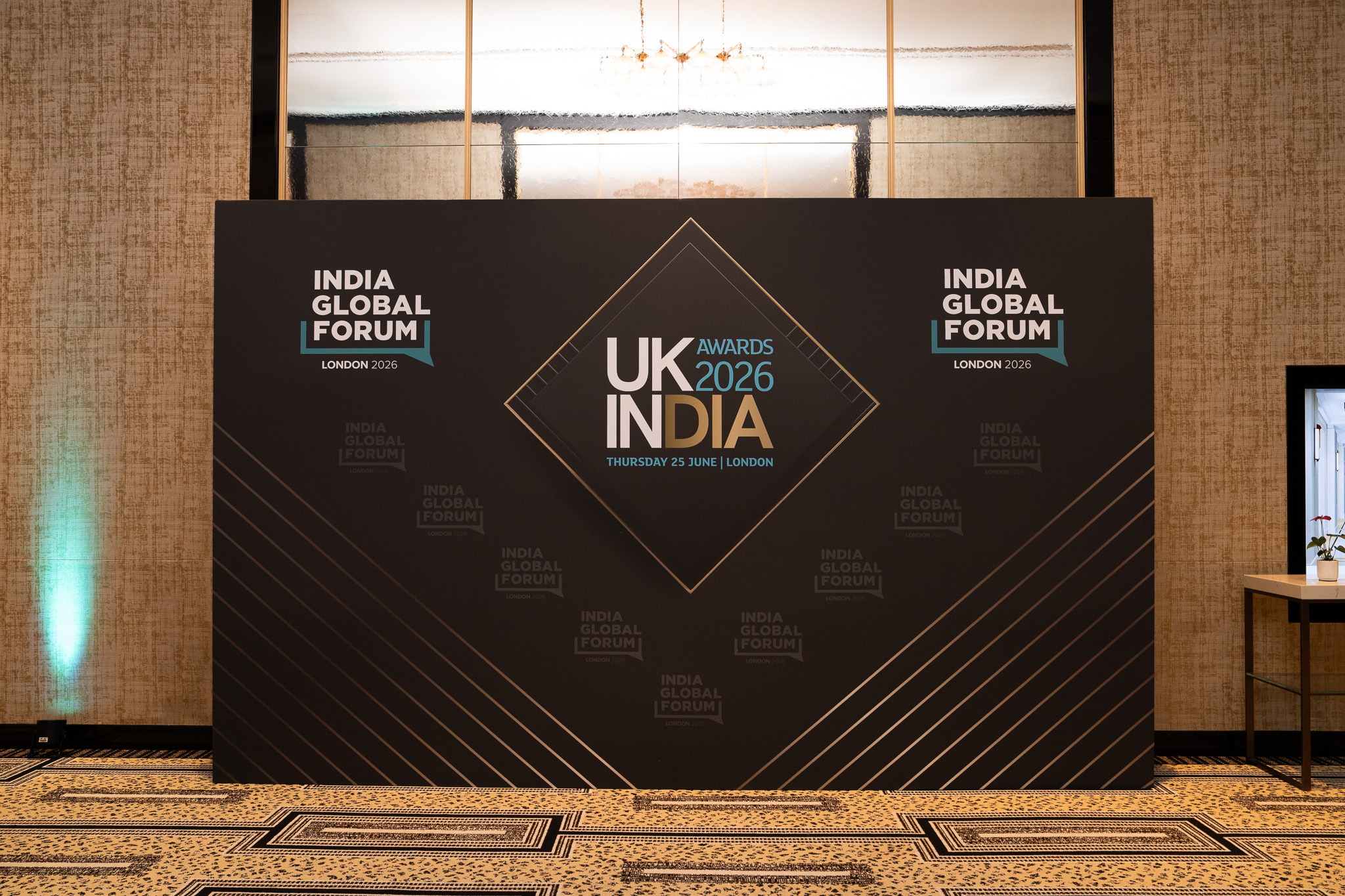Printed foyer media walls at the UK-India Awards 2026, The Peninsula London, by Kudos AV