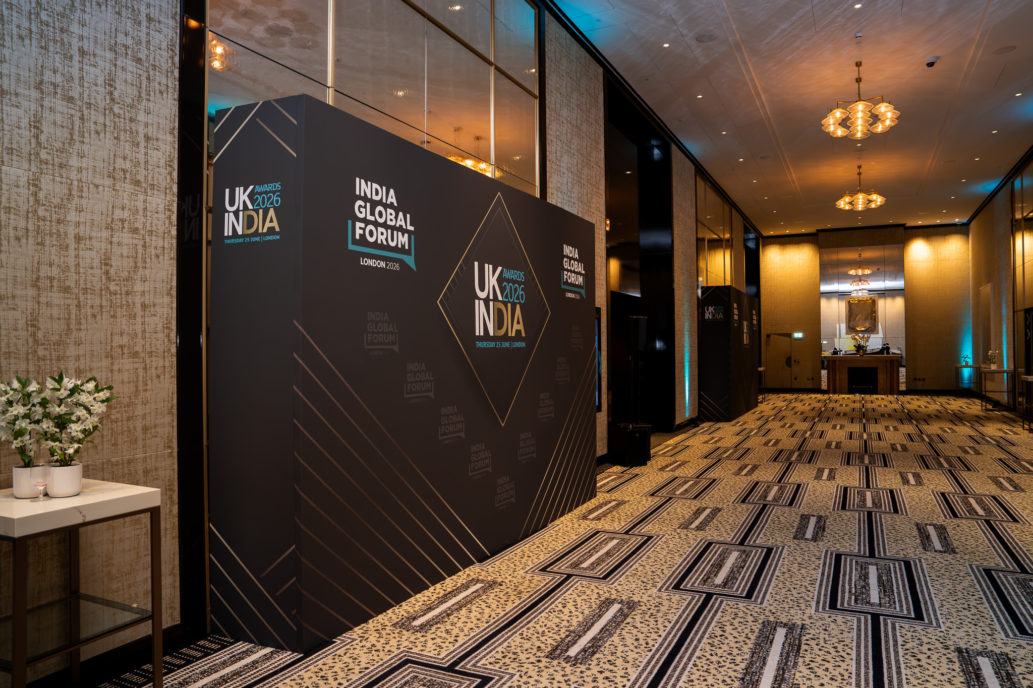 UK-India Awards 2026 at The Peninsula London — printed foyer branding on arrival, by Kudos AV