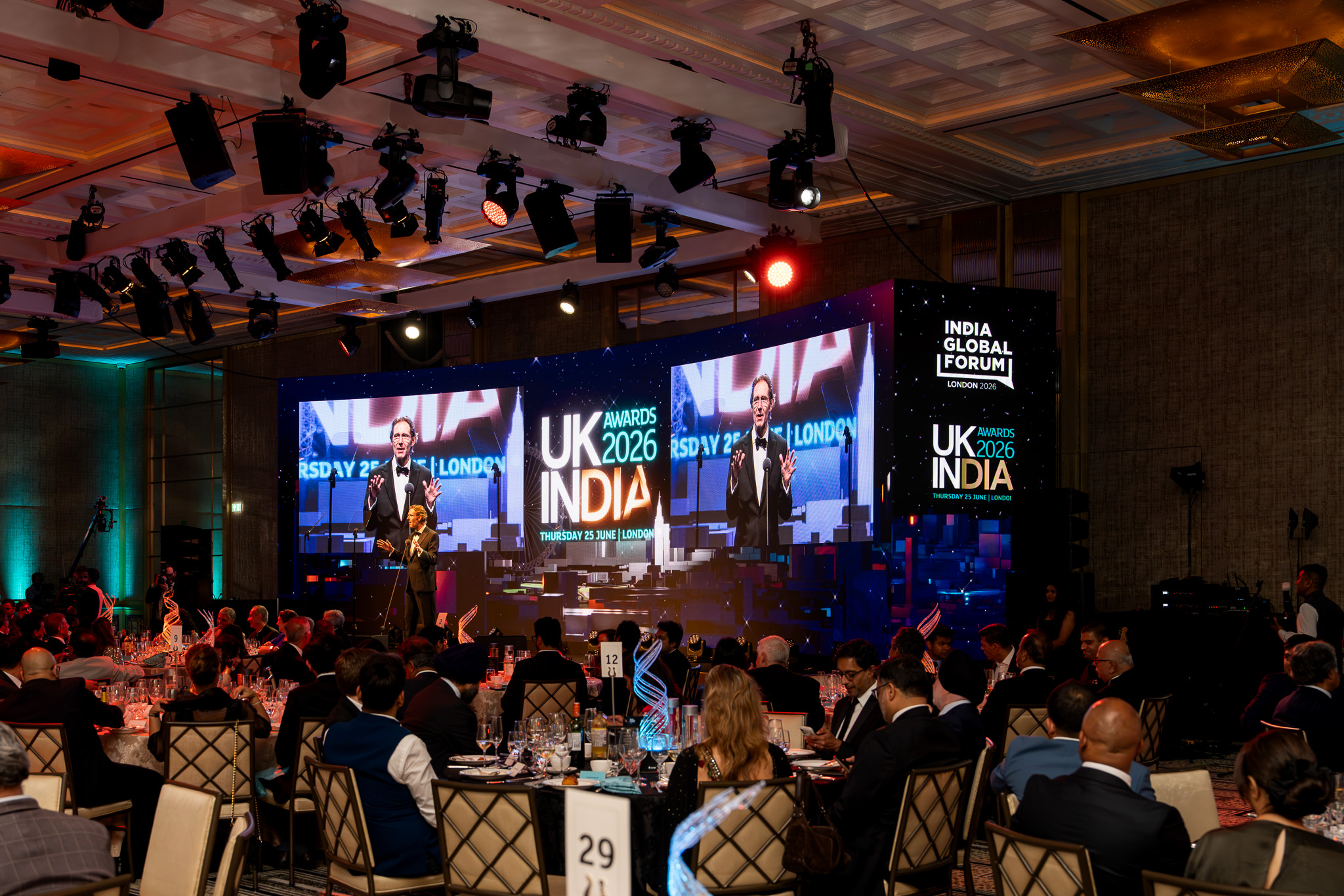 UK-India Awards 2026 at The Peninsula London — guests watching the awards presentation, by Kudos AV