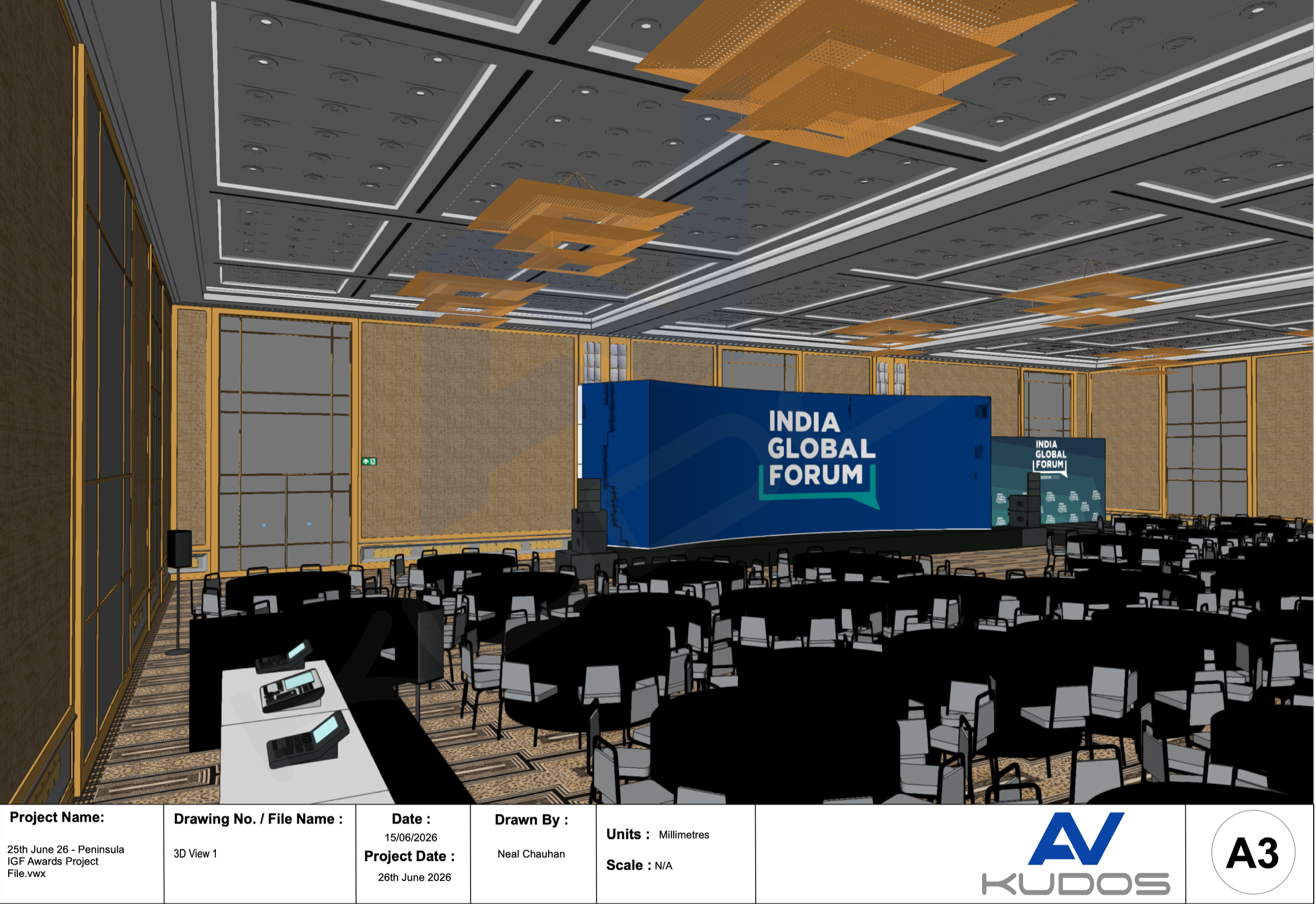 UK-India Awards 2026 at The Peninsula London — 3D stage design render, by Kudos AV