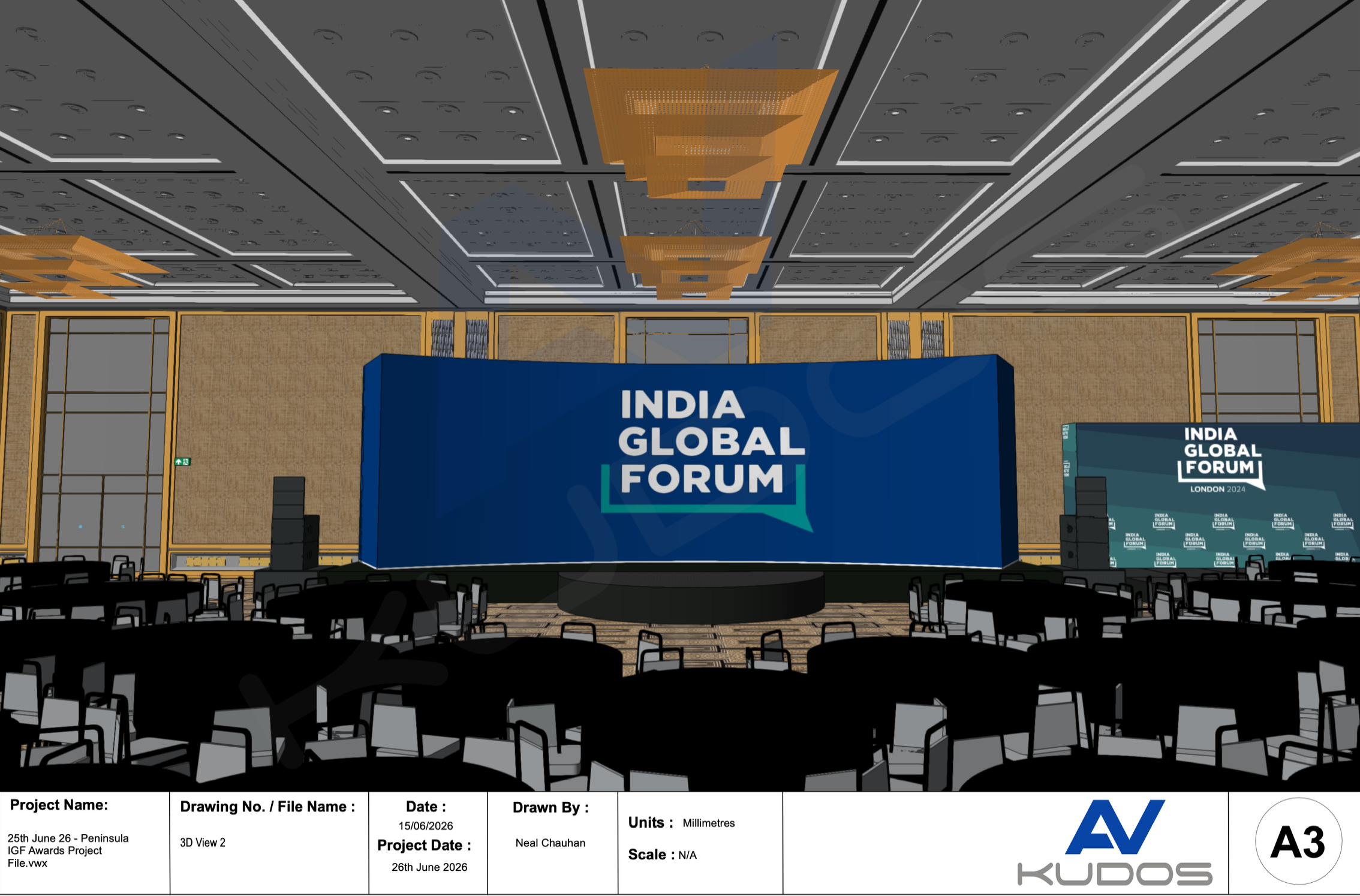 3D stage design render for the UK-India Awards 2026 at The Peninsula London by Kudos AV