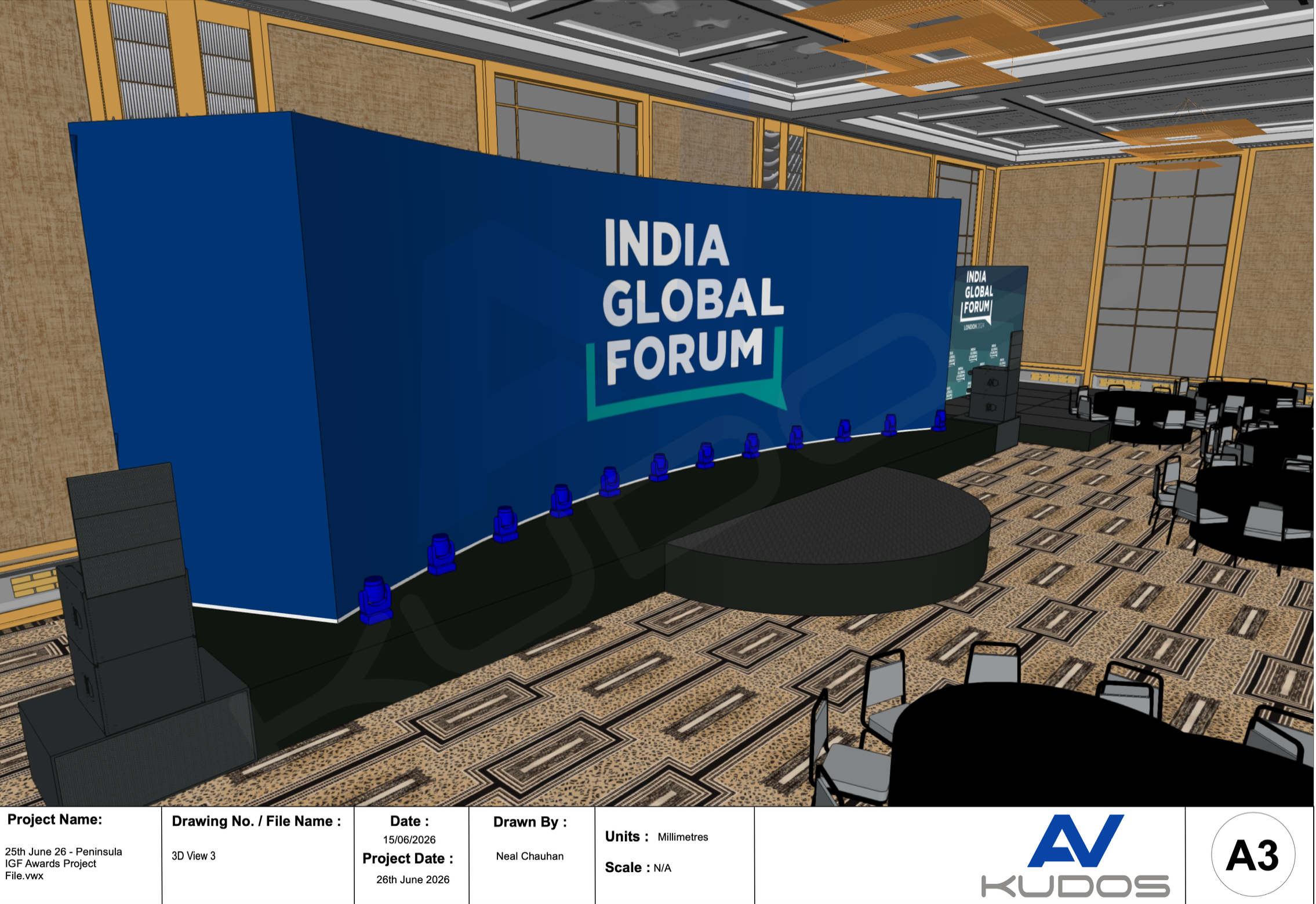 UK-India Awards 2026 at The Peninsula London — 3D stage design render, by Kudos AV