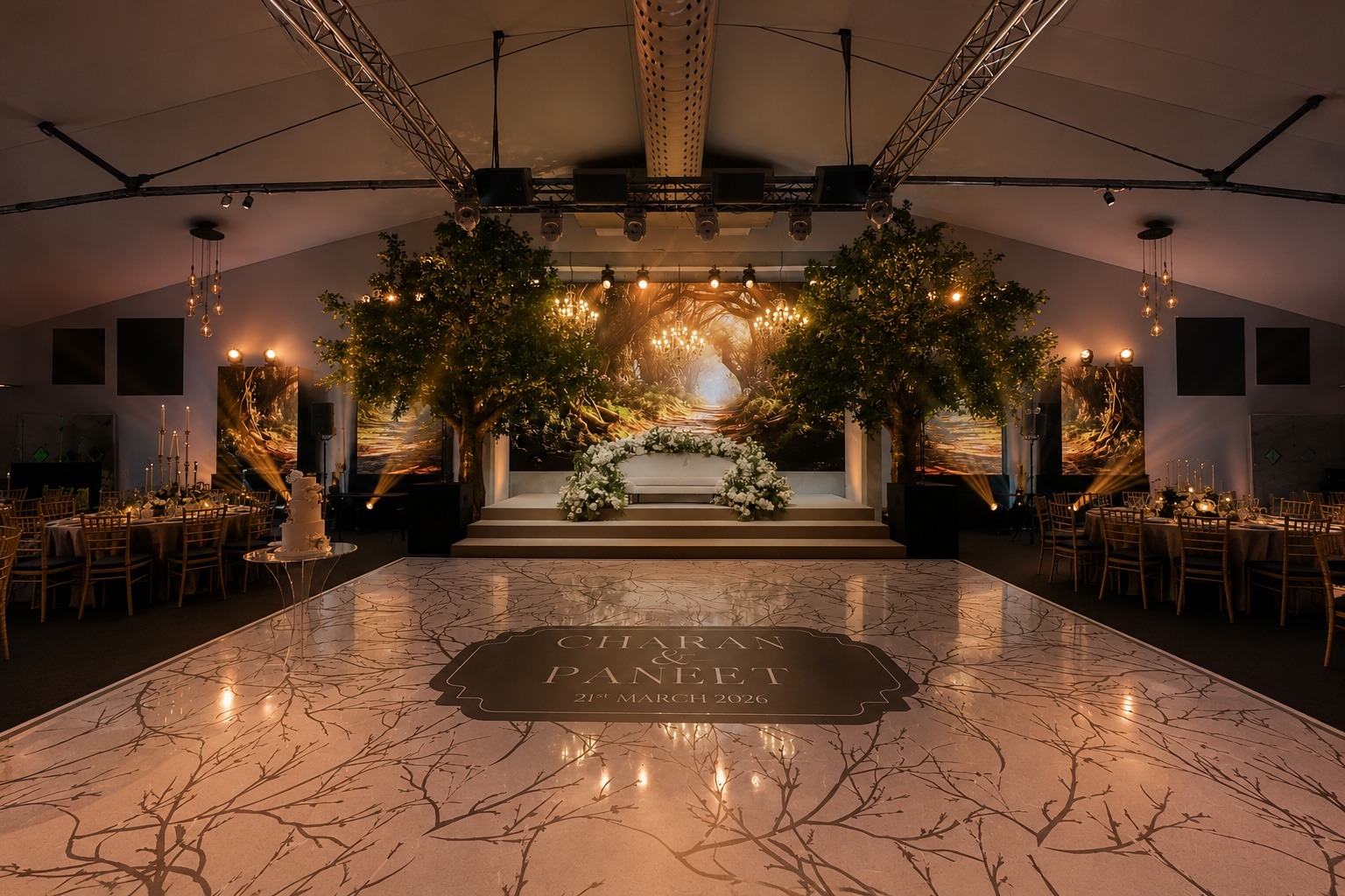 The King Suite at Easthampstead Park set for an event under overhead truss lighting