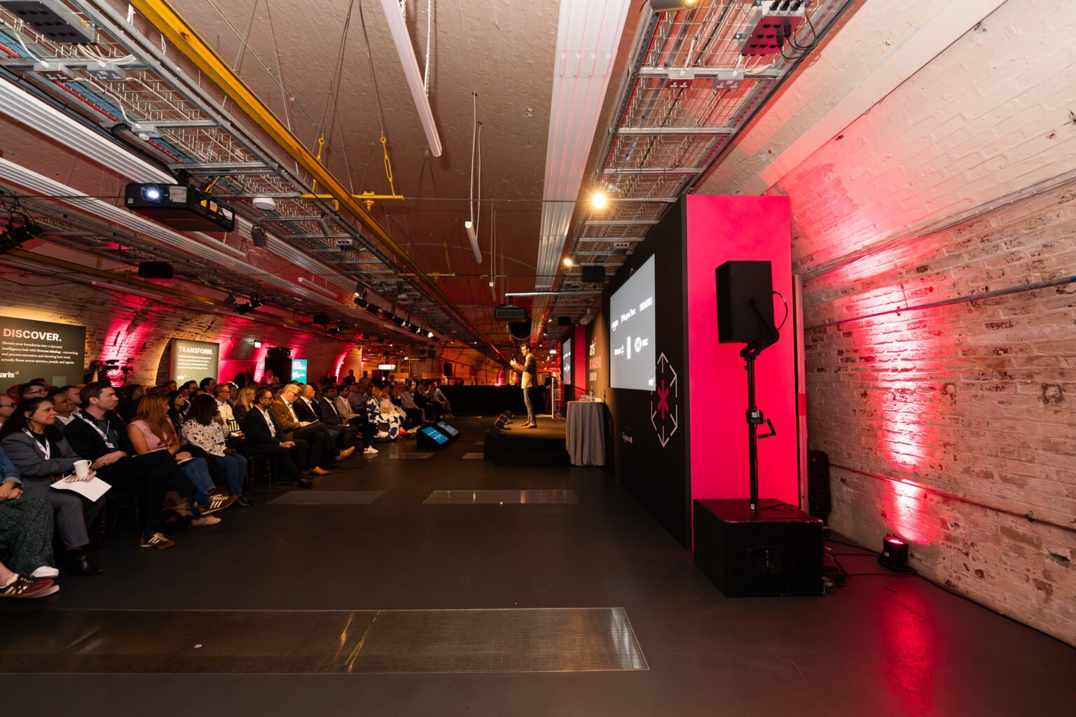 Corporate roadshow stage, screens and lighting installed in the Mail Rail tunnel by Kudos AV